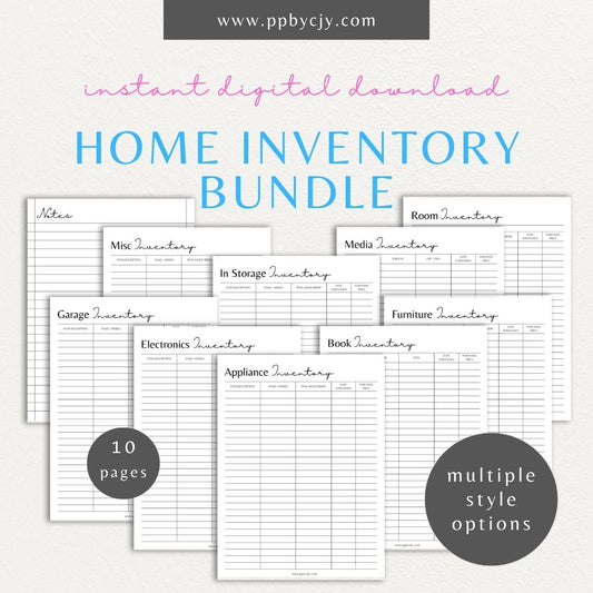 Home Inventory List Printable Template – Digital download for cataloging and managing items in your home for insurance, organization, or moving purposes.