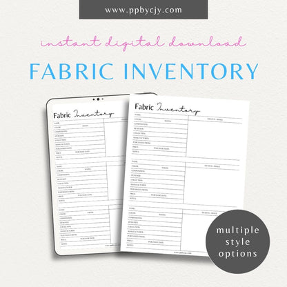 Fabric Inventory Printable Template – Digital Download for Organizing Fabric Stash with sections for fabric types, quantities, purchase dates, and storage locations.