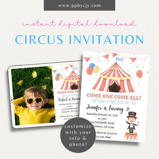 Circus Carnival Invitation Printable Template – Editable digital download for a fun-filled party or celebration.