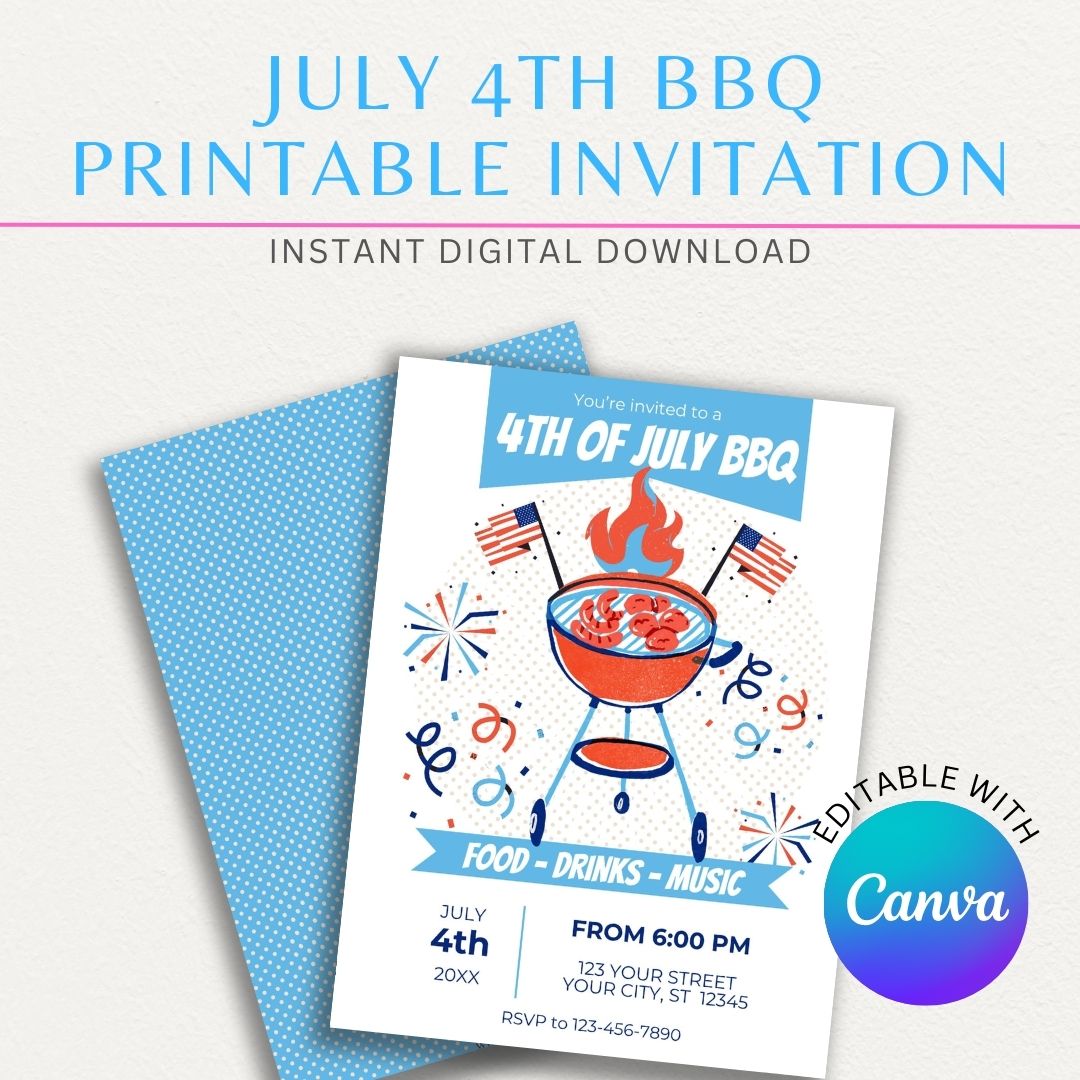 July 4th BBQ Printable Invitation with patriotic BBQ elements for an Independence Day celebration.

