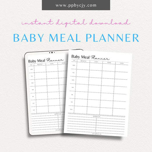 Baby Meal Planner Printable Template – Digital download for organizing infant meals and nutrition