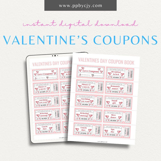 Personalized Valentine's Day Coupon Book Printable Template – Digital download for creating custom coupon books with personalized offers and messages for Valentine's Day gifts