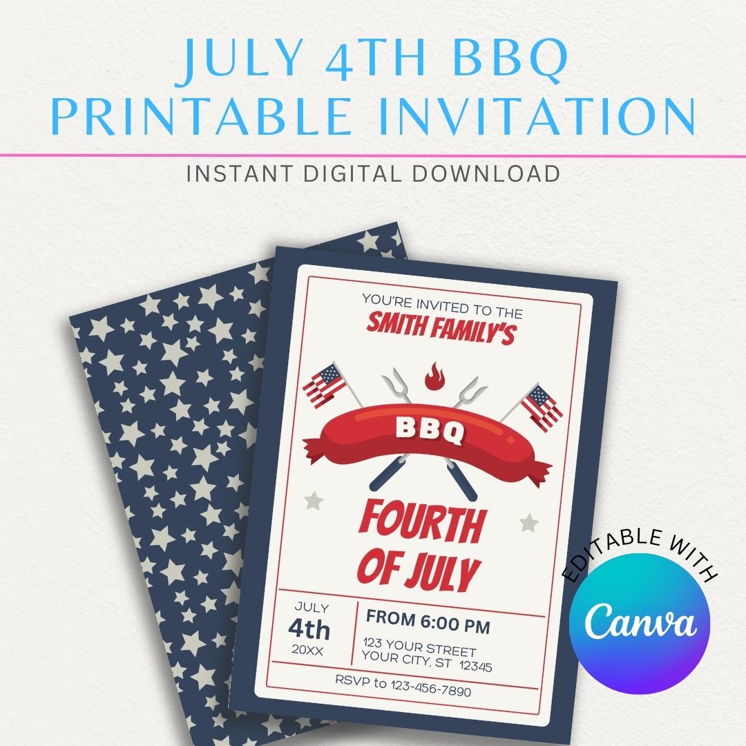 July 4th Hot Dog BBQ Printable Invitation with patriotic hot dog theme for Independence Day celebration.

