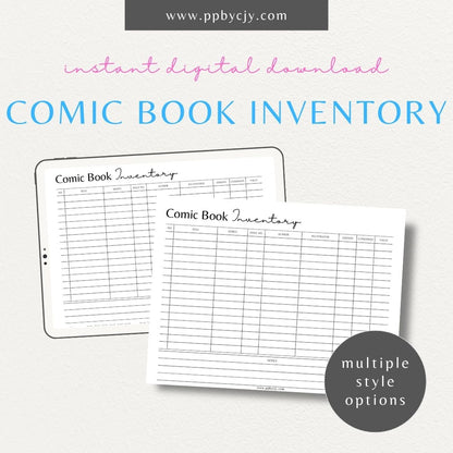 Comic Book Inventory Printable Template – Digital download for tracking comic book collections, including title, issue number, and value.