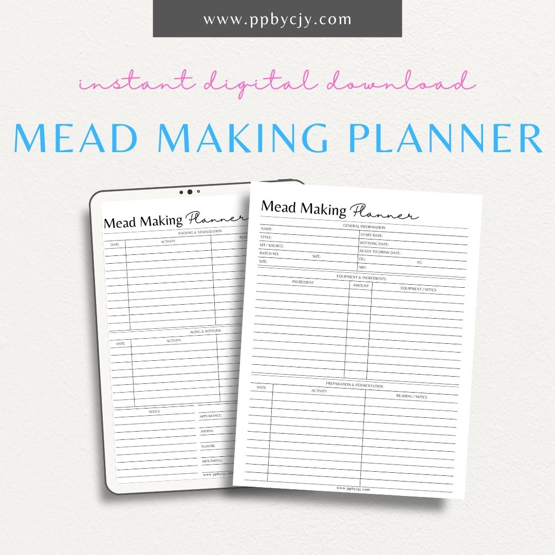 Mead Making Planner Printable Template – Digital download for organizing mead recipes, fermentation tracking, and brewing schedules