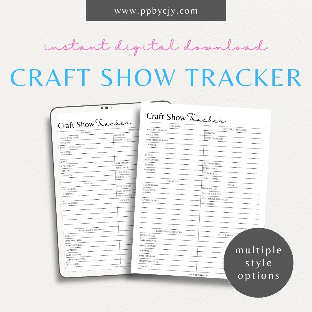 Craft Fair Tracker Printable Template – Digital Download for Organizing and Monitoring Craft Fair Details, Sales, and Inventory