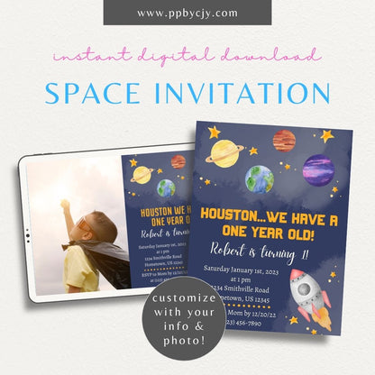 Space Planet Invitation Printable Template – Editable digital download for a cosmic-themed party.