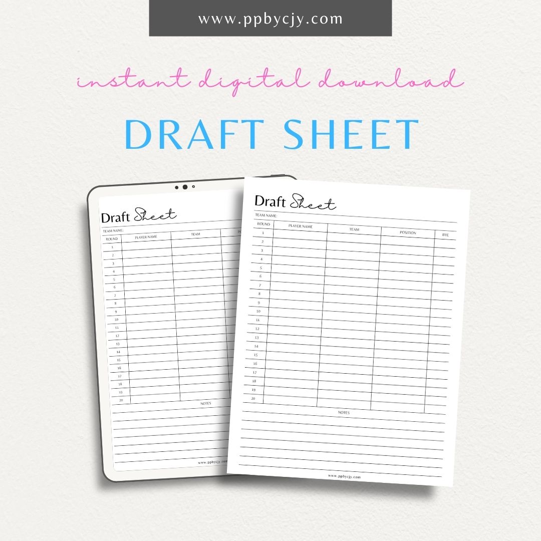 Fantasy Football Draft Sheet Printable Template – Digital download for organizing and tracking fantasy football draft picks with a clear and strategic layout