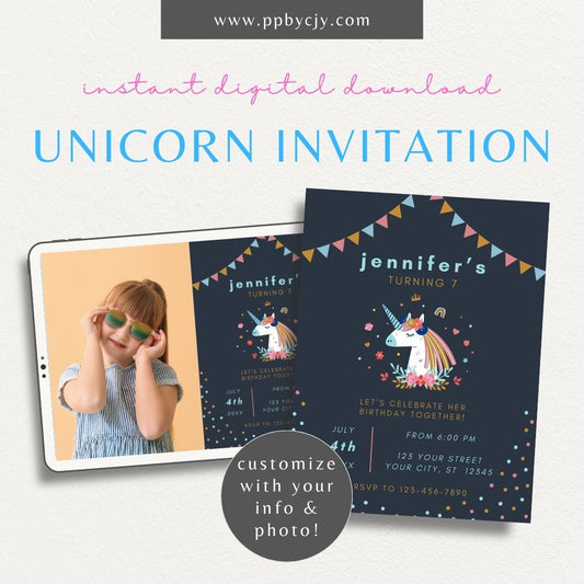 Unicorn Party Invitation Template Printable – Digital download with rainbows and whimsical unicorn