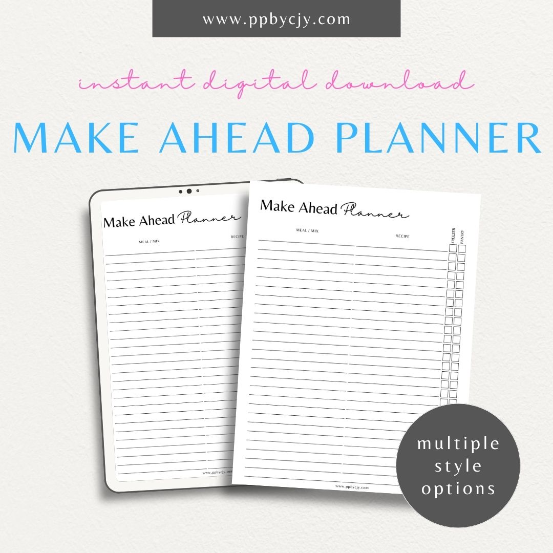 Make-Ahead Meal Planner Printable Template – Digital download for organizing weekly meals, prepping in advance, and managing freezer meals.