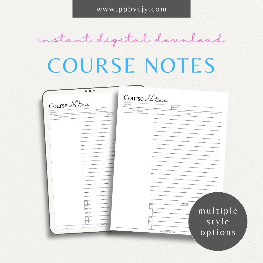 Course Notes Printable Template – Digital download for organizing and taking structured class notes.