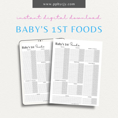 Baby’s First Foods Tracker Printable Template – Digital download for recording infant’s first foods and nutrition