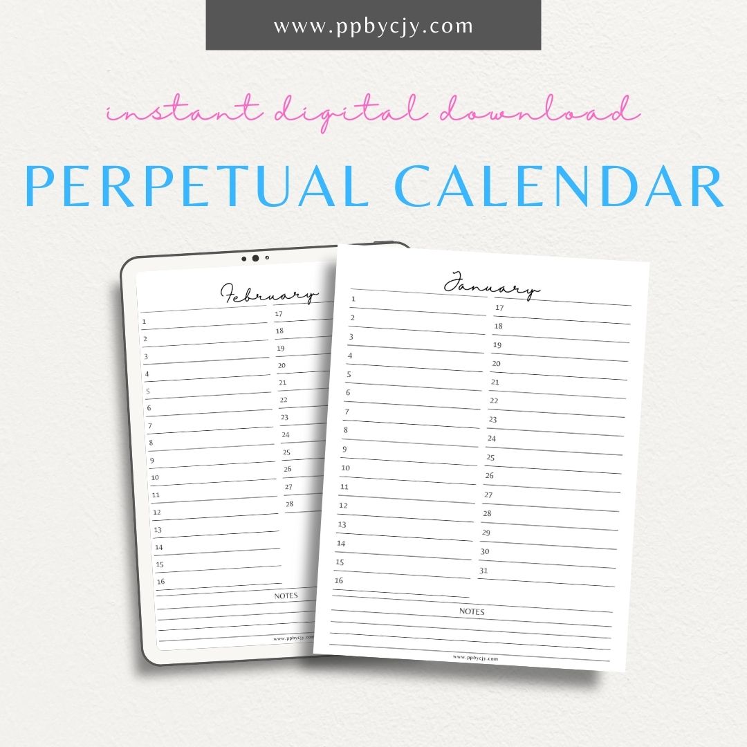 Perpetual Calendar Printable Template – Digital download for tracking birthdays, anniversaries, holidays, and year-round events.