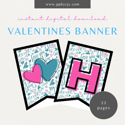 Printable Valentine’s Day flag banner with "Happy Valentine’s Day" lettering and heart designs for festive decorations.