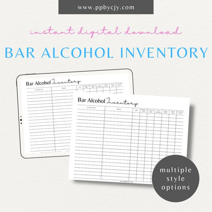 Alcohol Inventory Printable Template – Digital Download for Tracking and Managing Alcohol Stock