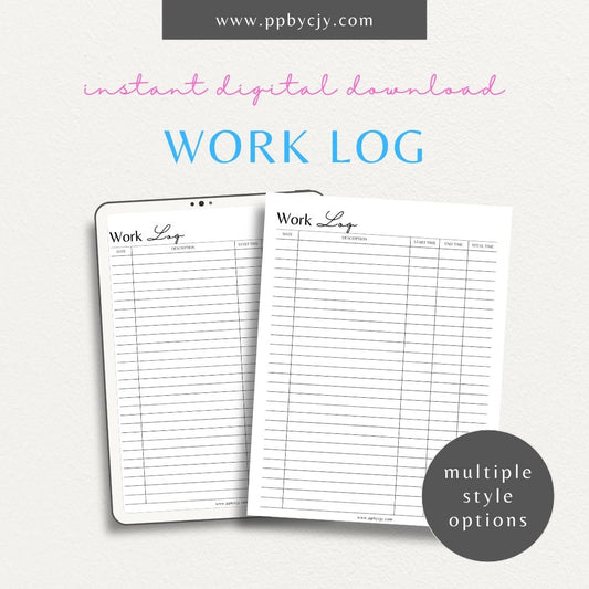 Project Hours Work Log Printable Template – Digital download for tracking work hours, tasks, and project time.