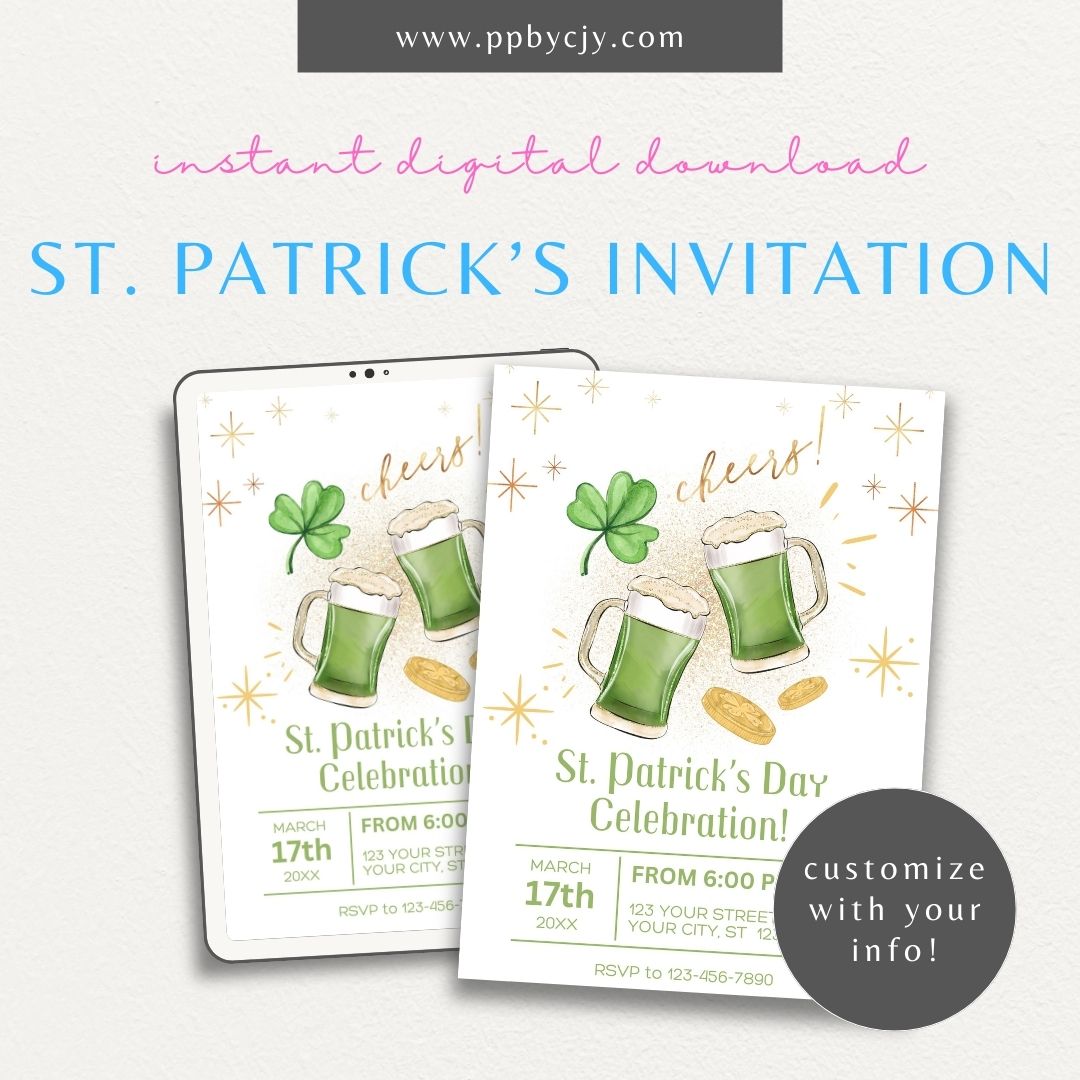 St. Patrick’s Day Invitation – Printable invite featuring green shamrocks and gold accents.