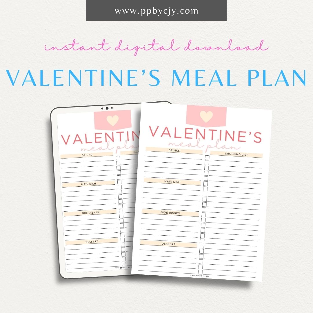 Valentine's Day Meal Planner Printable Template – Digital download for planning and organizing Valentine's Day meals, including recipes, ingredients, and meal schedules