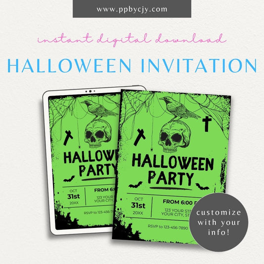 Halloween Invitation with Neon Green Background and Skull Design – Printable spooky invite.