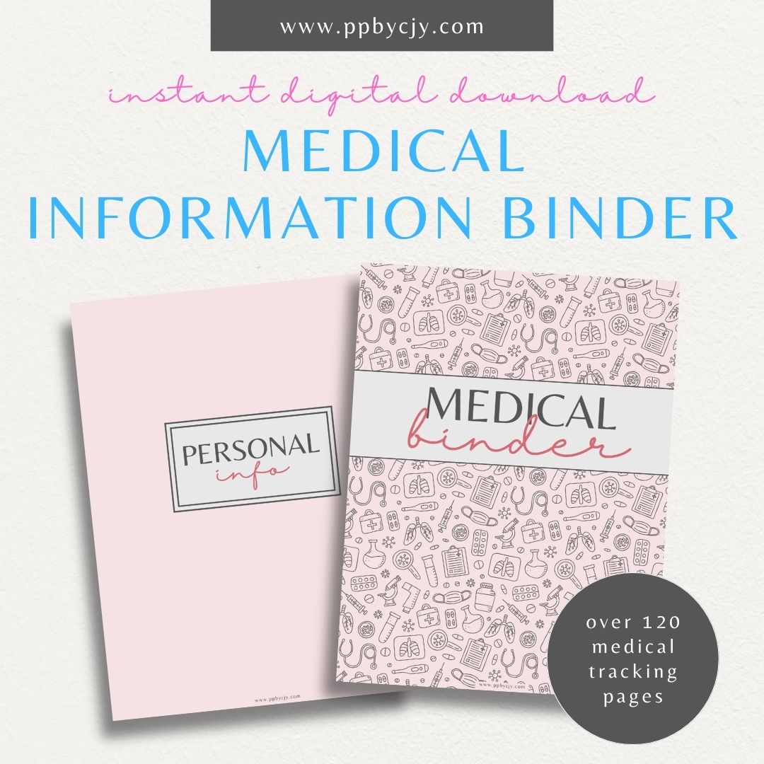 Medical Information Printable Planner – Digital download featuring interactive pages for organizing and tracking personal medical details, health records, and appointments.