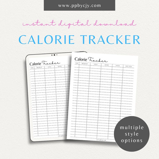 Calorie Tracker Printable Template – Digital download for logging and managing daily caloric intake.