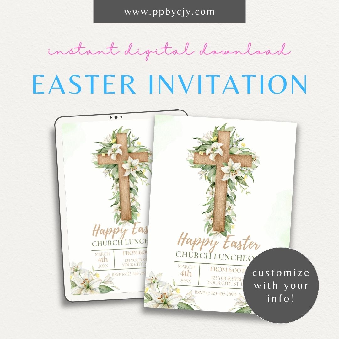 Easter Invitation with Cross Design – Printable faith-centered party invite for Easter celebration.