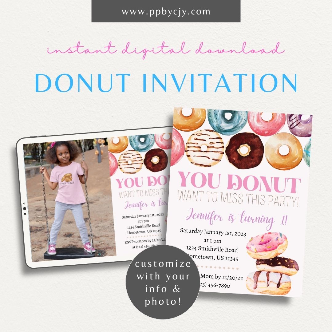 Donut Party Invitation – Digital download for editable donut-themed celebration invitations