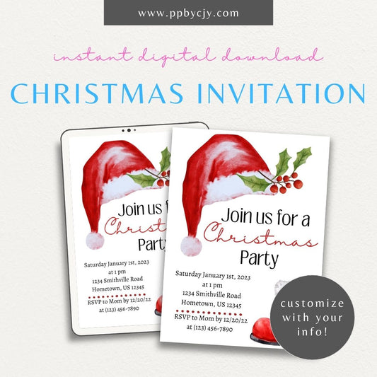 Santa Themed Christmas Invitation – Festive holiday party printable template with Santa Claus design.