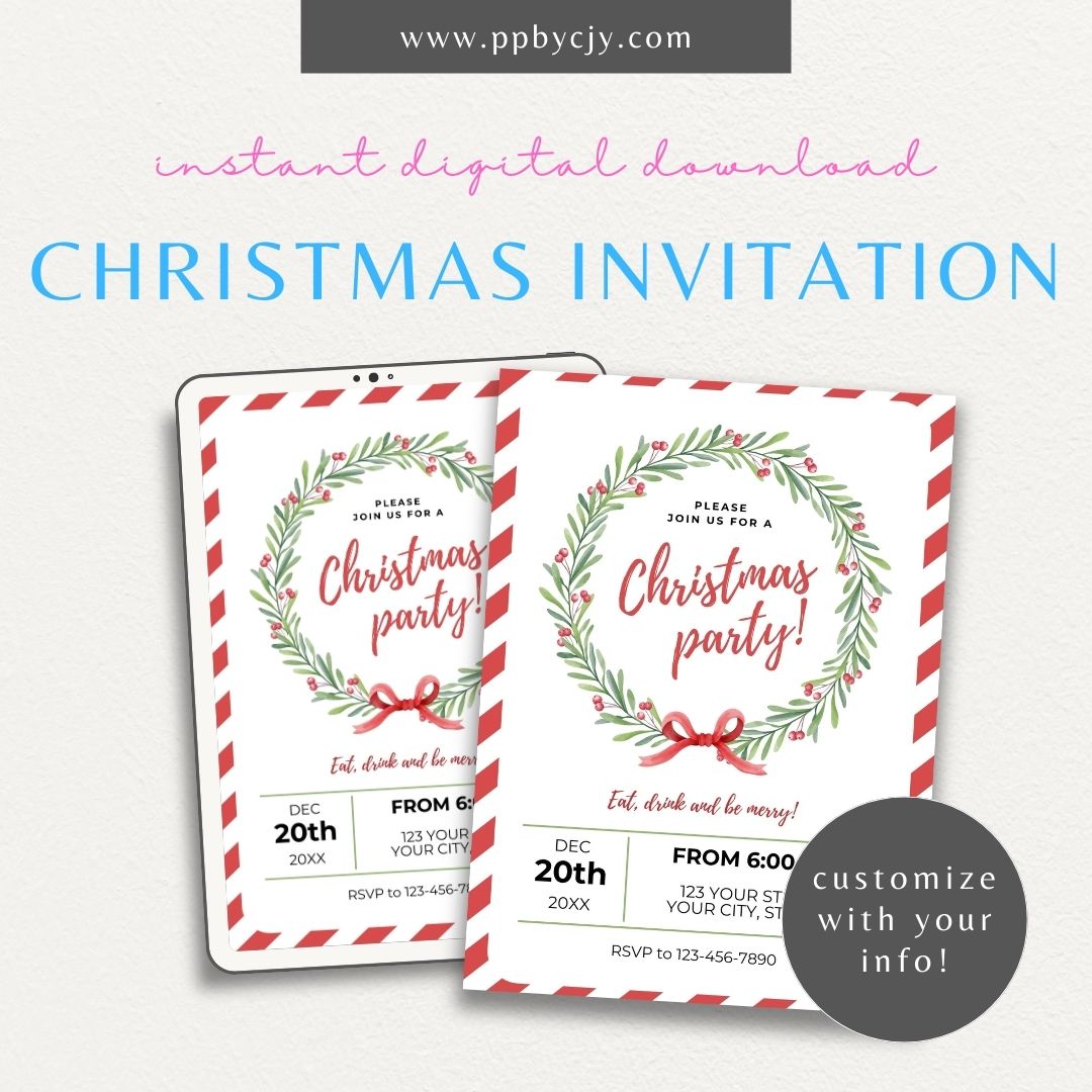 Christmas Wreath Invitation – Elegant printable holiday invitation with wreath design featuring pinecones and ribbons.