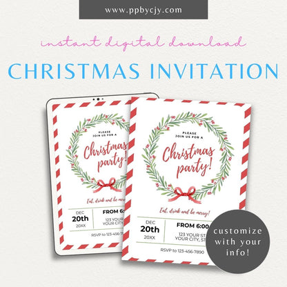 Christmas Wreath Invitation – Elegant printable holiday invitation with wreath design featuring pinecones and ribbons.