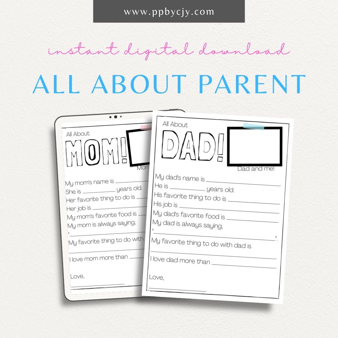 All About My Dad and All About My Mom Interview Worksheet Printable Template – Digital Download for Capturing Fun and Personal Details with sections for favorite things, hobbies, and memorable moments.