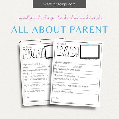 All About My Dad and All About My Mom Interview Worksheet Printable Template – Digital Download for Capturing Fun and Personal Details with sections for favorite things, hobbies, and memorable moments.