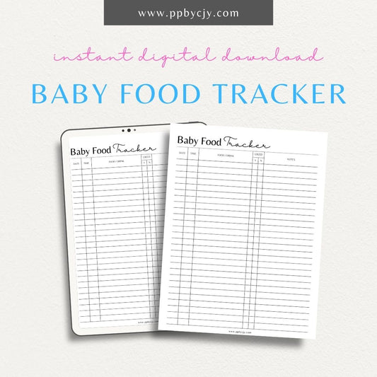 Baby Food Tracker Printable Template – Digital download for tracking infant meals and nutrition