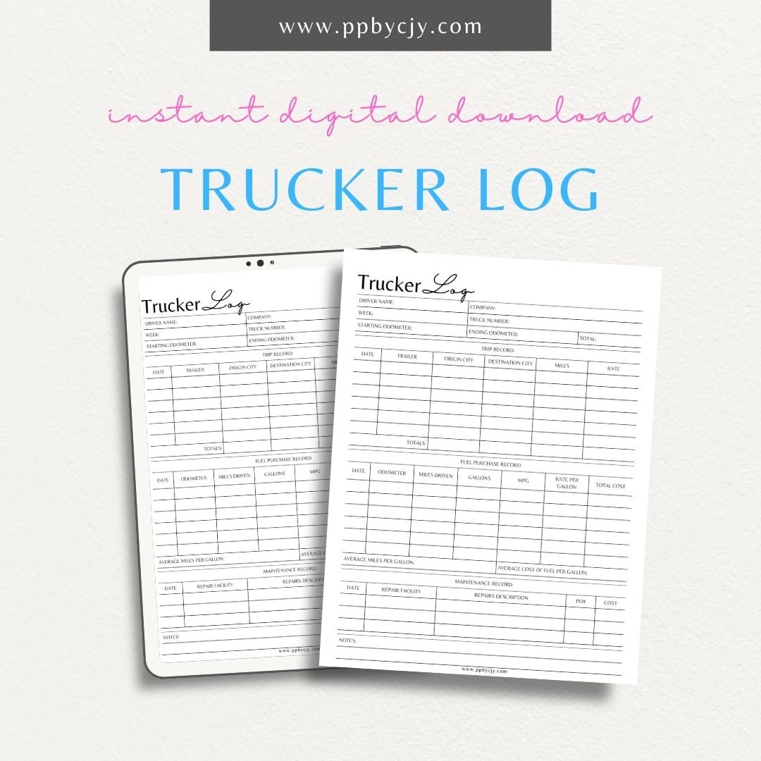 Trucker Log Template Printable – Digital download for driver mileage tracking