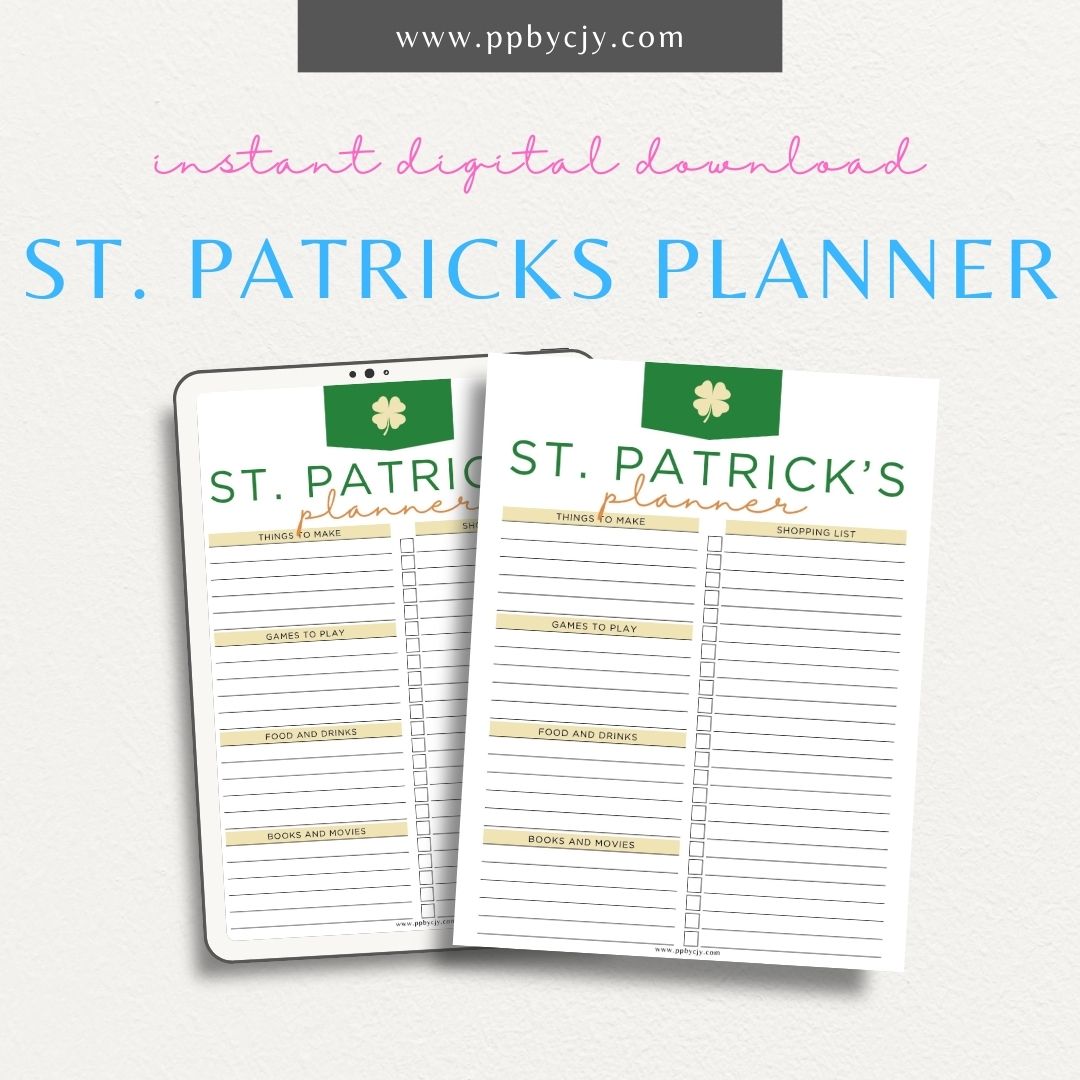 St. Patrick's Day Party Planner Printable Template – Digital download for organizing and managing all aspects of a St. Patrick's Day celebration, including guest lists, decorations, food, and activities