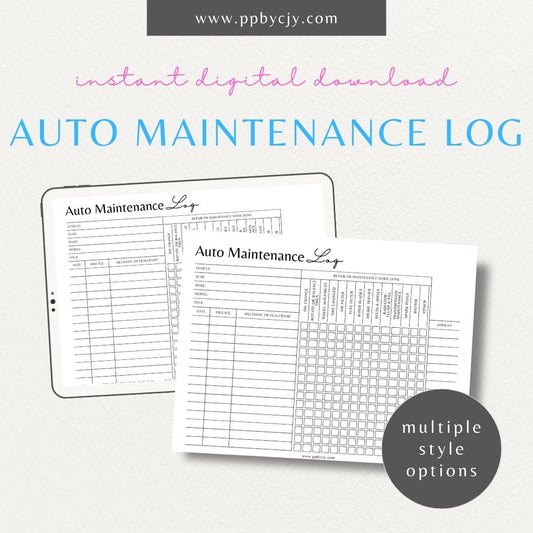 Automotive Maintenance Log Printable Template – Digital download for tracking car service, repairs, and maintenance.