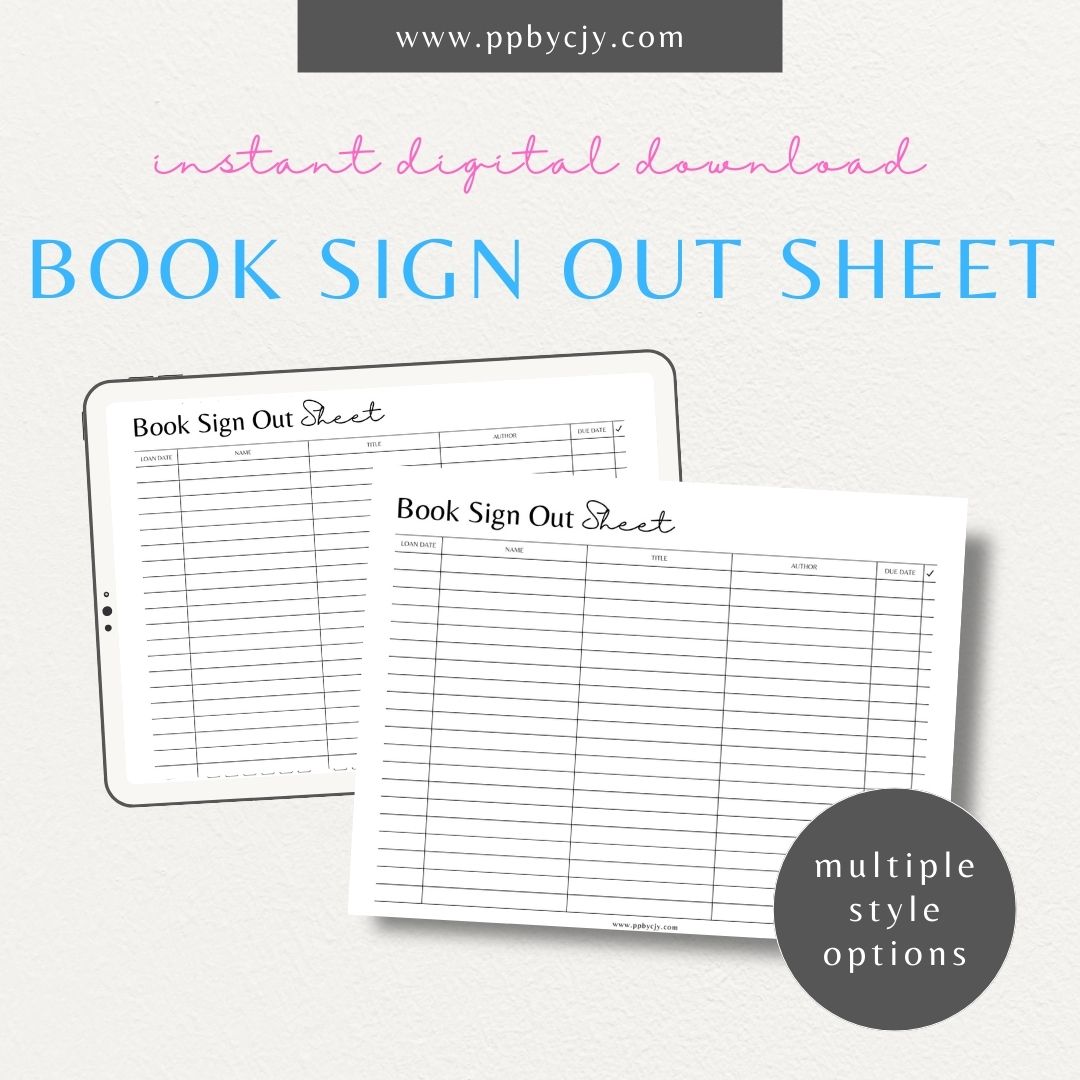 Book Sign-Out Sheet Printable Template – Digital download for tracking borrowed books in a library or classroom.