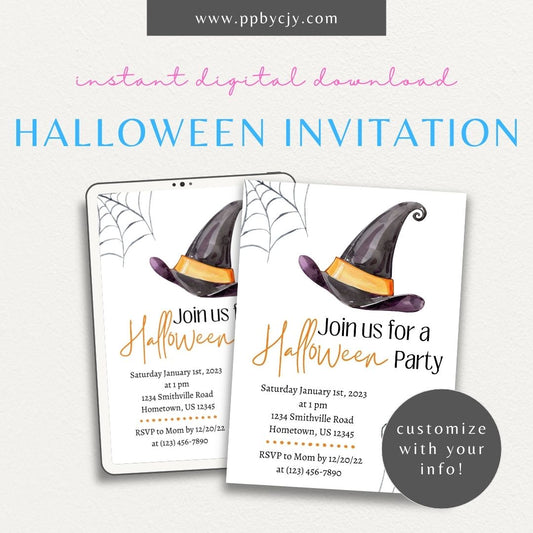 Halloween Invitation with Witch's Hat – Printable spooky party invite for Halloween.