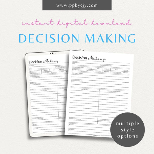 Decision-Making Sheet Printable Template – Digital download for evaluating options, listing pros and cons, and organizing thoughts for confident decision-making.