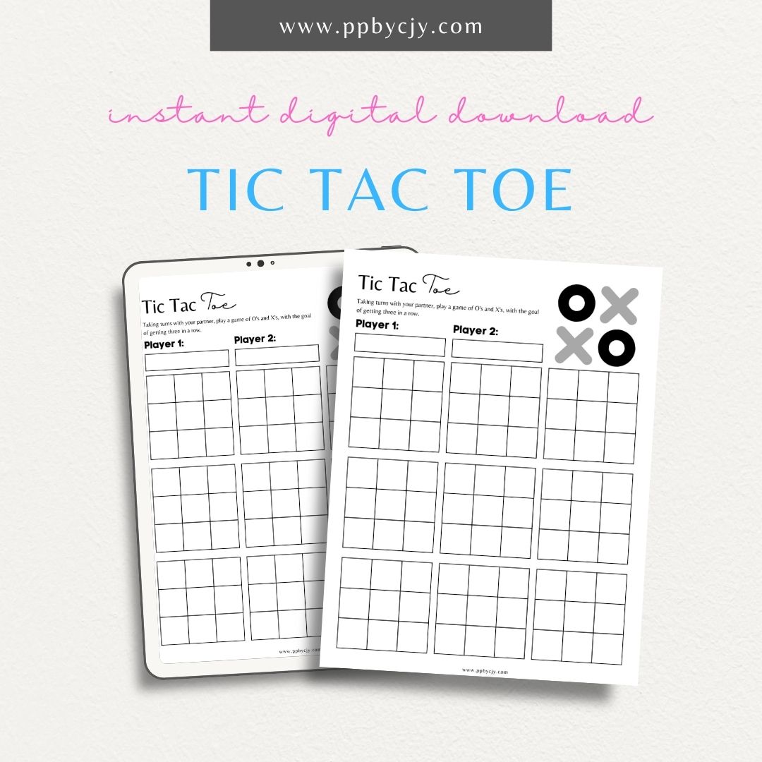 Tic Tac Toe Game Printable Template – Digital download for creating and playing the classic Tic Tac Toe game with printable game boards and markers