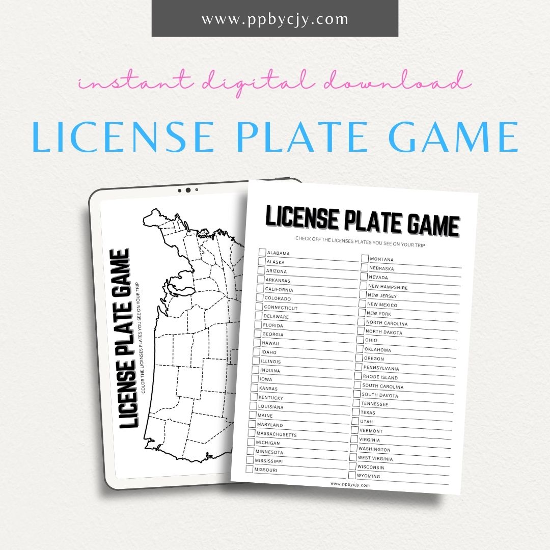 License Plate Game Printable Template – Digital download for tracking and recording license plates seen during travel or road trips.