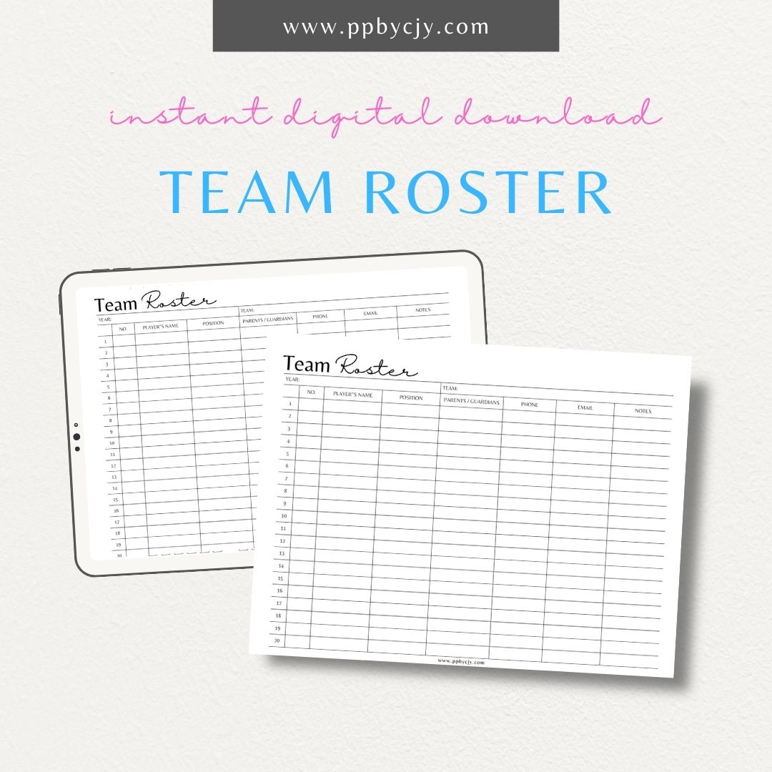 printable template page with columns and rows for sports team roster