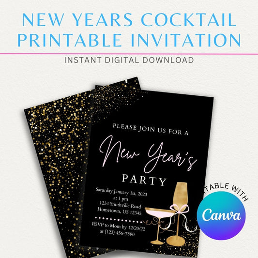 New Year's Eve Cocktail Printable Invitation with a stylish cocktail glass and sparkling accents.

