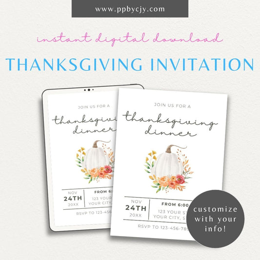 Thanksgiving Invitation Printable – Editable digital template for holiday dinner or Friendsgiving party.