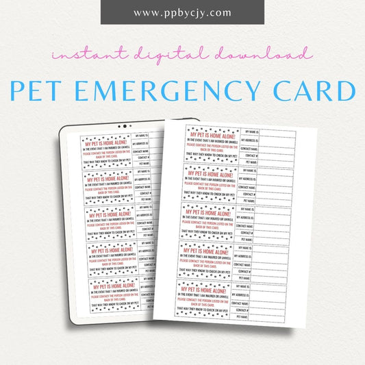 Pet Home Alone Contact Card Printable Template – Digital download for providing important contact information and instructions for your pet’s care while you are away.