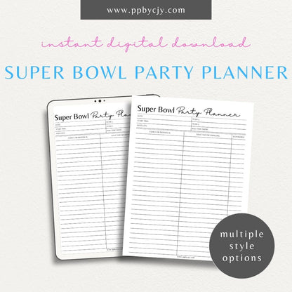 Super Bowl Party Planner Printable Template – Digital download for organizing game day events, menu, and activities.