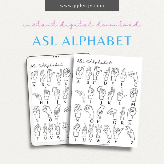 ASL Alphabet Sheet Printable Template – Digital download for learning American Sign Language alphabet and finger spelling