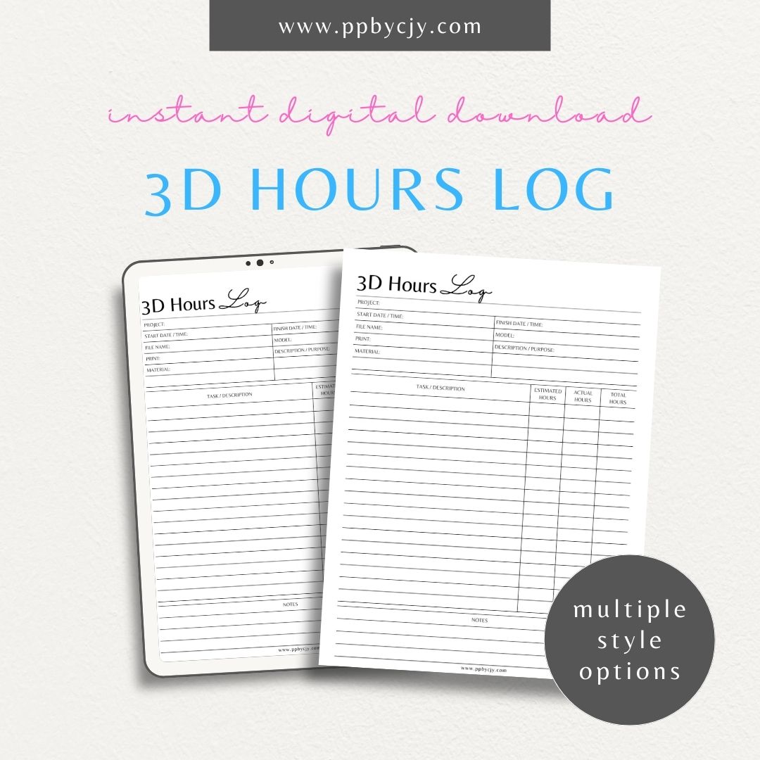 3D Project Print Hours Log Printable Template – Digital download for tracking 3D printing hours, filament usage, and project progress.