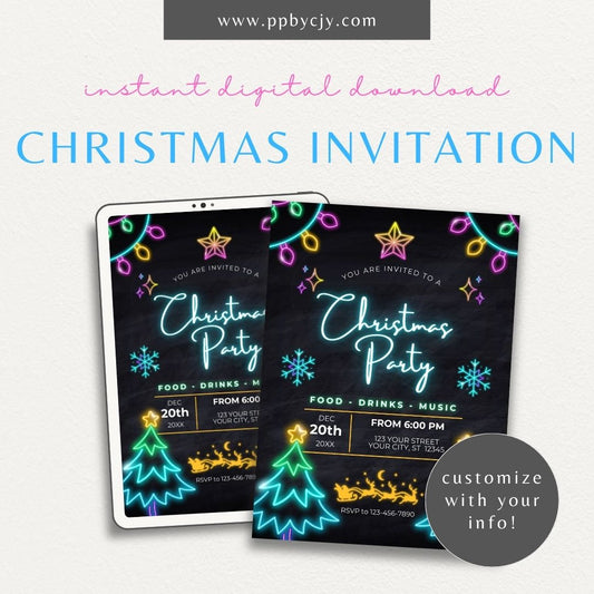 Neon Christmas Party Invitation – Bright festive holiday gathering template with glowing lights and bold designs.