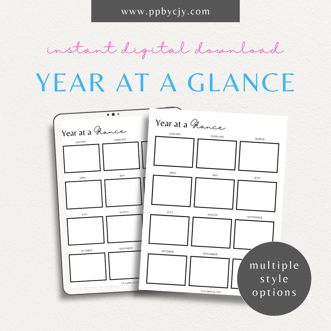 Year at a Glance Printable Template – Digital download for viewing and organizing the entire year at a glance, including important dates, events, and milestones